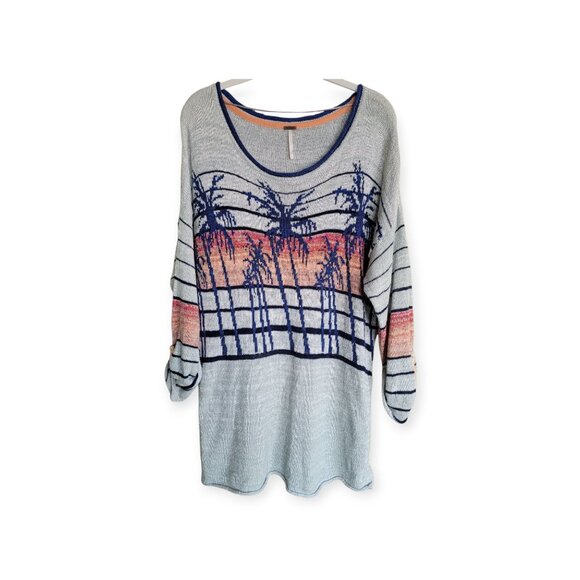 Free People Palm Tree Breeze Knit Ruched Sweater XS Pale Grey Blue Orange Top - Picture 7 of 16